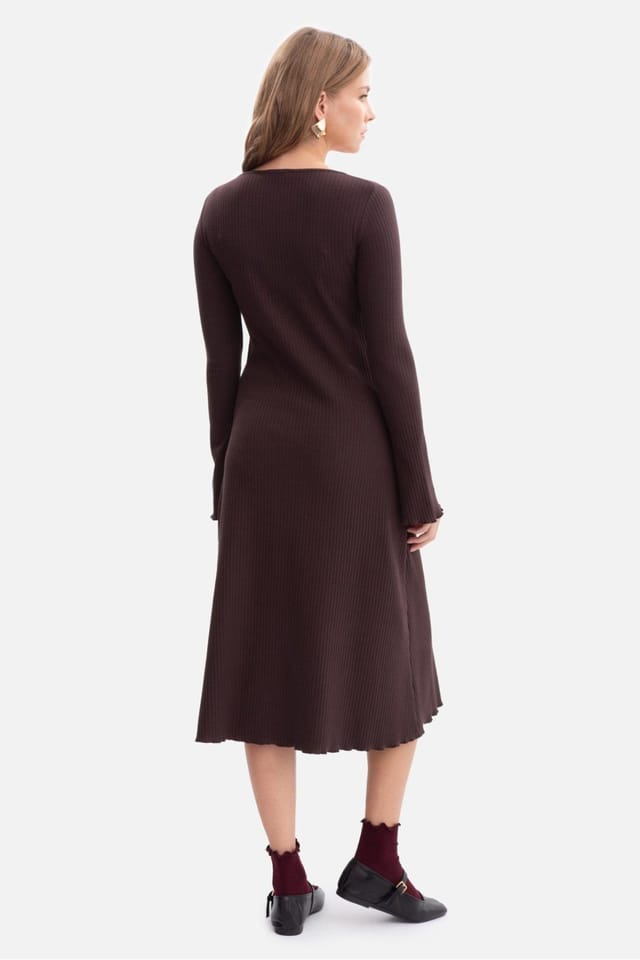 Love Lace Love Lace Women's Ribbed Midi Day Dress with Wavy Hem in Brown - 2