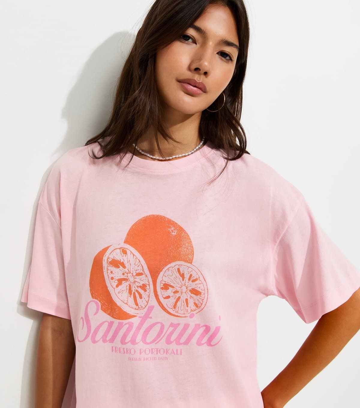 New Look Women's Light Pink Cotton Santorini Orange Oversized T-Shirt New Look