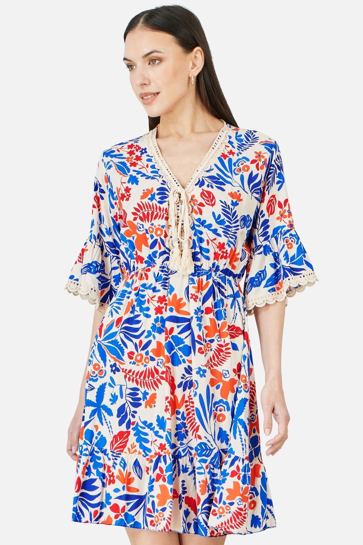 Yumi Women's Multicolour Leaf Print Viscose Tunic in Ecru