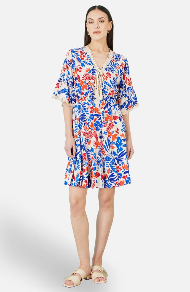 Yumi Yumi Women's Multicolour Leaf Print Viscose Kimono Sleeve Tunic in Ecru - 2