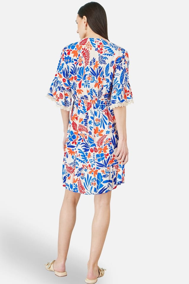 Yumi Yumi Women's Multicolour Leaf Print Viscose Kimono Sleeve Tunic in Ecru - 3