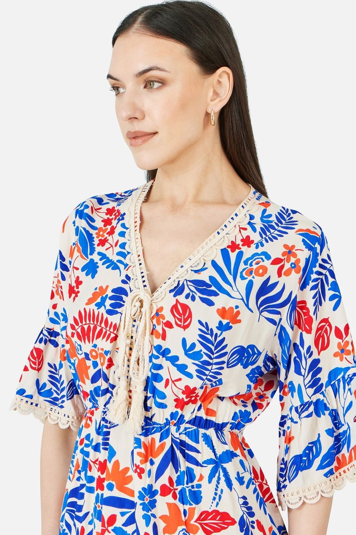 Yumi Yumi Women's Multicolour Leaf Print Viscose Kimono Sleeve Tunic in Ecru - 4