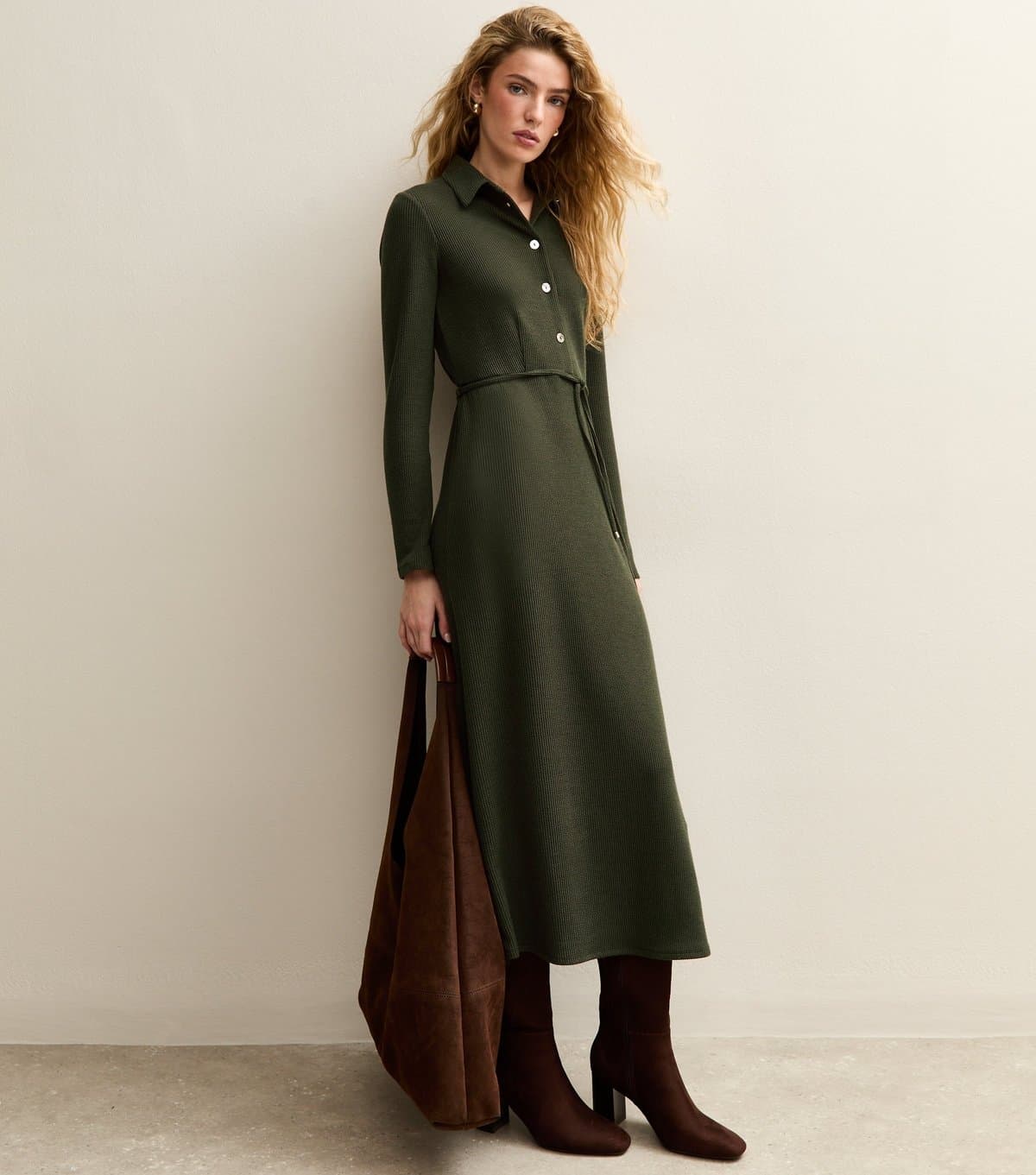 New Look Women's Khaki Crinkled Midi Shirt Dress New Look