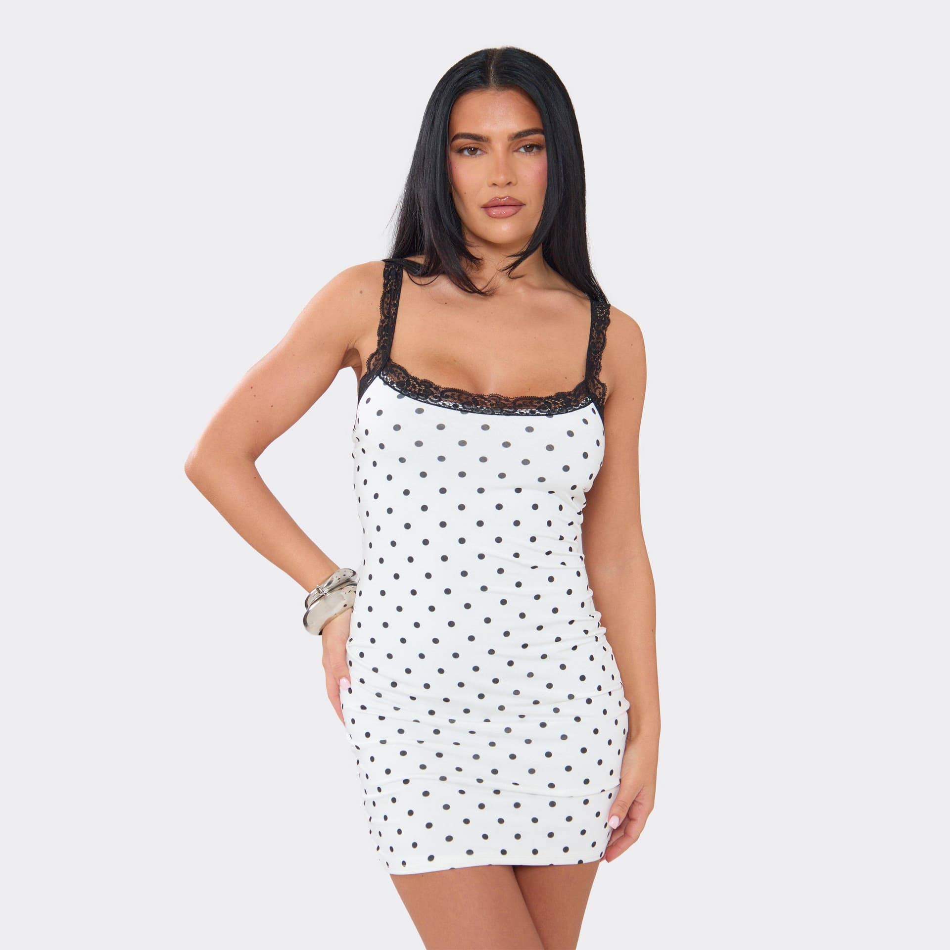 EGO Square Neck Lace Trim Mini Dress In White Polka Dot, Women's Size UK 6