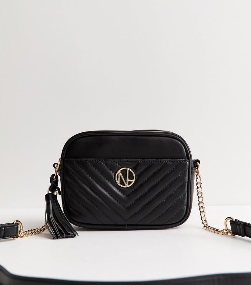 New Look Black Faux Leather Quilted Front Pocket Crossbody Bag Vegan New Look - 1