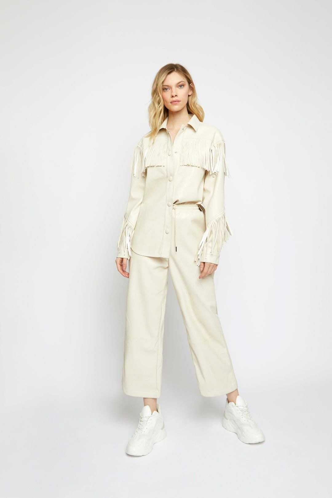 Shnoo Women's Faux-Leather Fringe Shirt in Cream