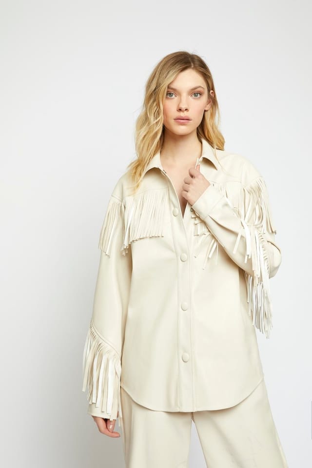 Shnoo Shnoo Women's Faux-Leather Fringe Shirt in Cream - 2