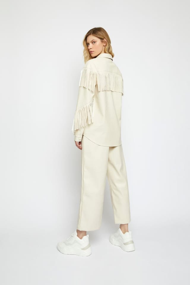 Shnoo Shnoo Women's Faux-Leather Fringe Shirt in Cream - 3