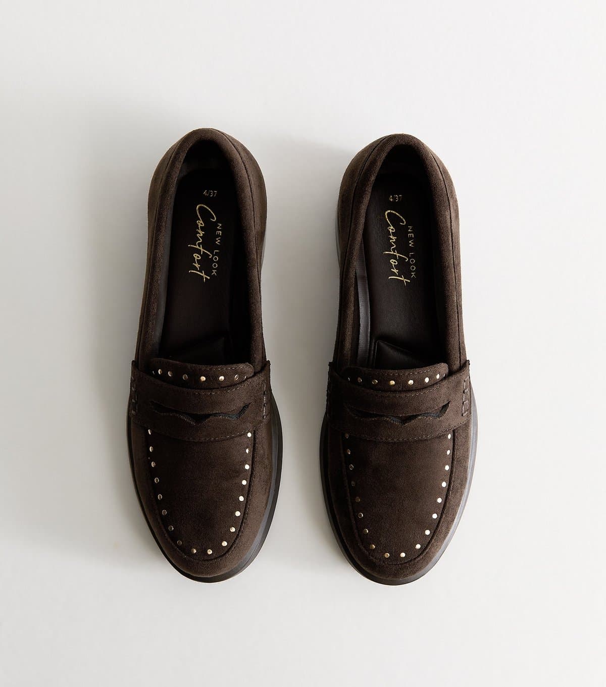 New Look Women's Dark Brown Faux Suede Studded Loafers Vegan New Look