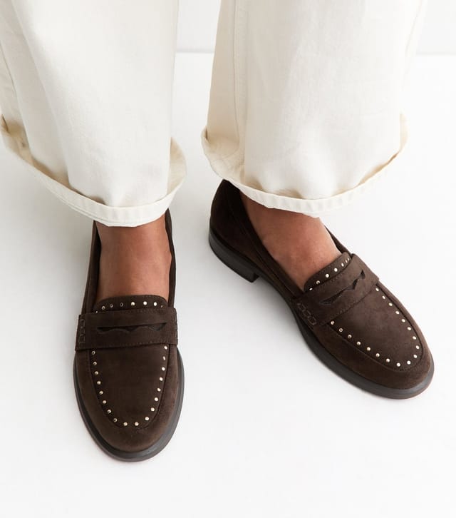 New Look Women's Dark Brown Faux Suede Studded Loafers Vegan New Look - 2