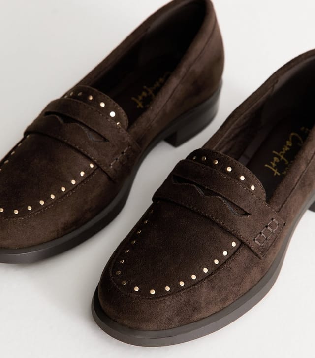 New Look Women's Dark Brown Faux Suede Studded Loafers Vegan New Look - 3