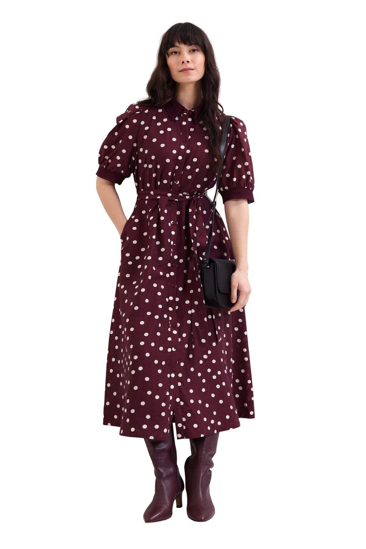 Phase Eight Phase Eight Women's Delphine Printed Puff Sleeve Midi Dress in Wine