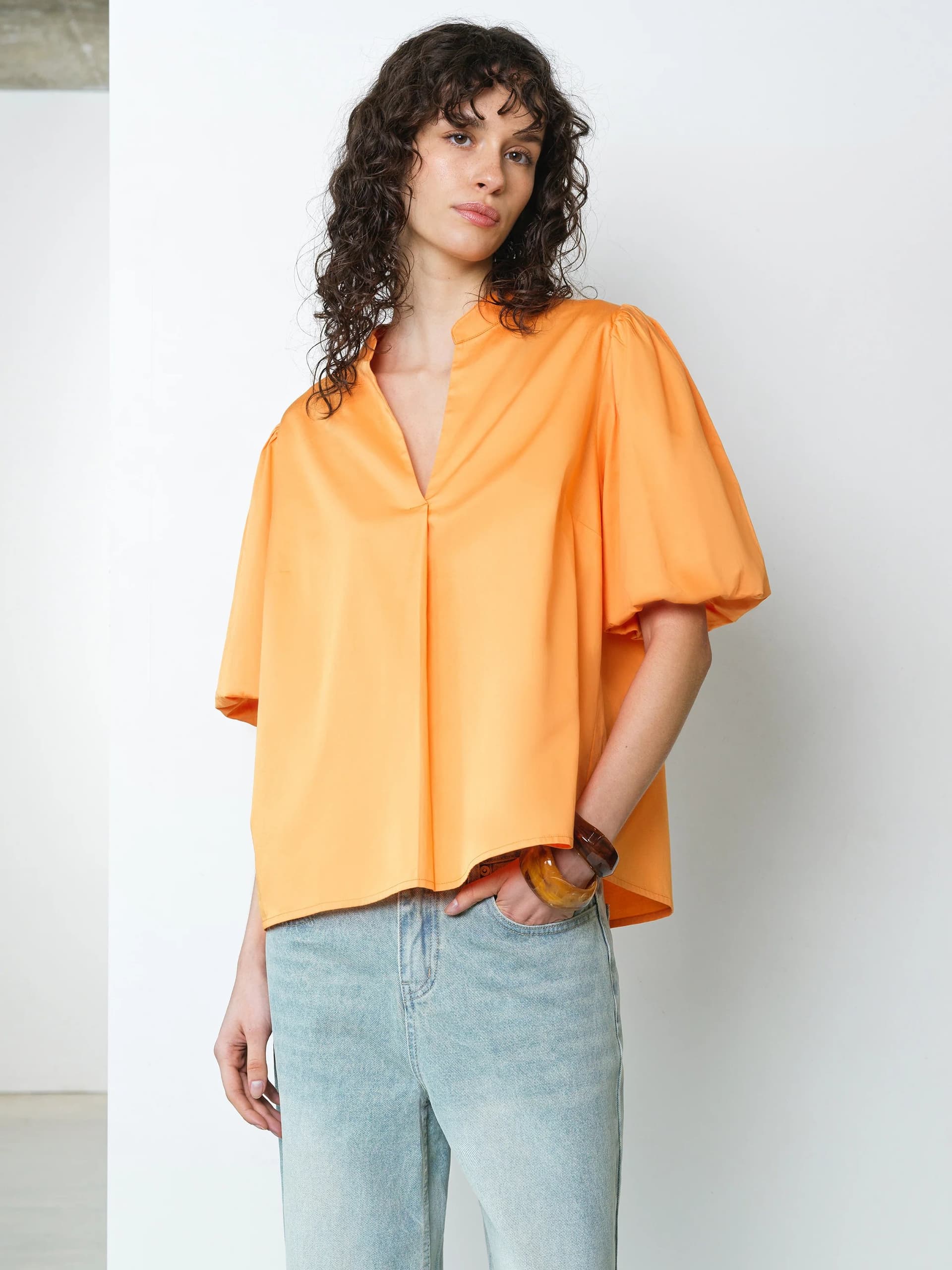 French Connection French Connection Orange Cotton Puff Sleeve Popover Shirt