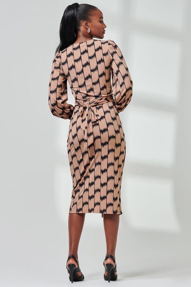 Jolie Moi Jolie Moi Women's Print Long Sleeve Jersey Pencil Dress in Stone - 2
