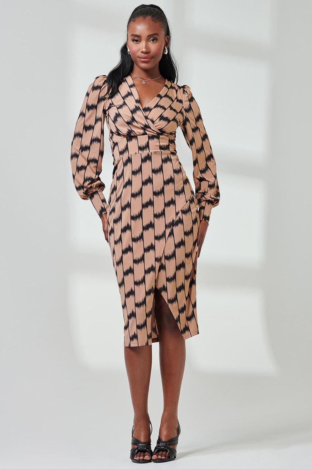 Jolie Moi Jolie Moi Women's Print Long Sleeve Jersey Pencil Dress in Stone - 3