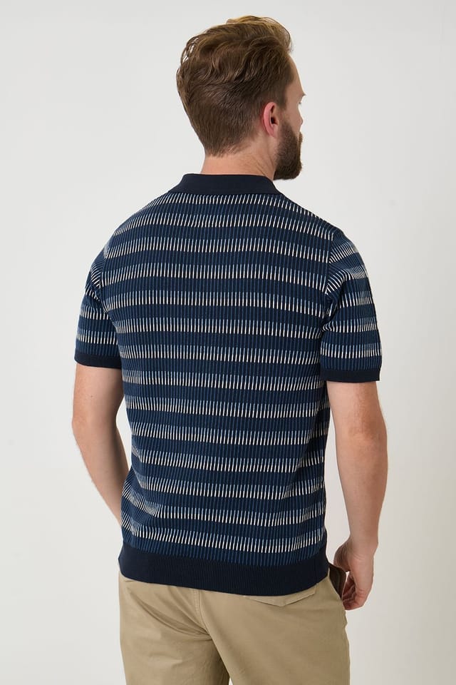 Saltwell Saltwell Men's Jacquard Stripe Short Sleeve Cotton Polo Shirt in Navy - 2