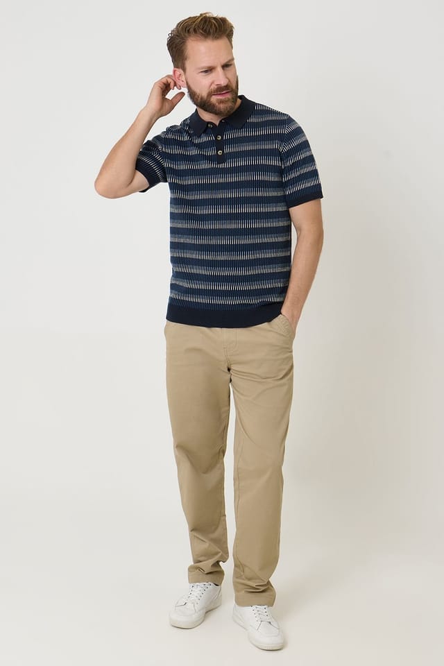 Saltwell Saltwell Men's Jacquard Stripe Short Sleeve Cotton Polo Shirt in Navy - 3