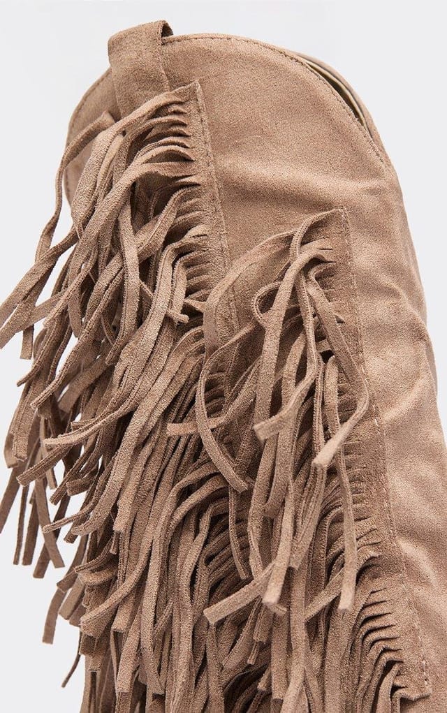 EGO Darra Layered Fringe Detail Pointed Toe Western Cowboy Ankle Boot In Taupe Faux Suede, Women's Size UK 3 - 2