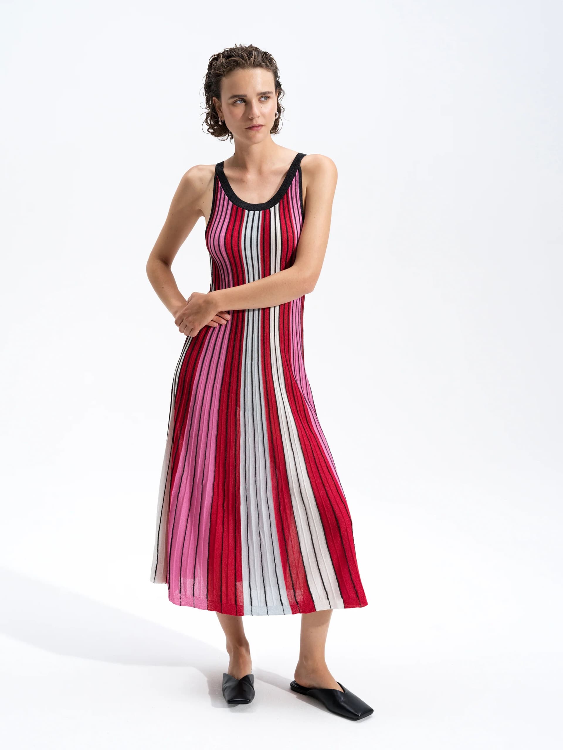 French Connection Theo Multi Stripe Knitted Dress Watermelon Red Blue Pink Black Multicoloured
