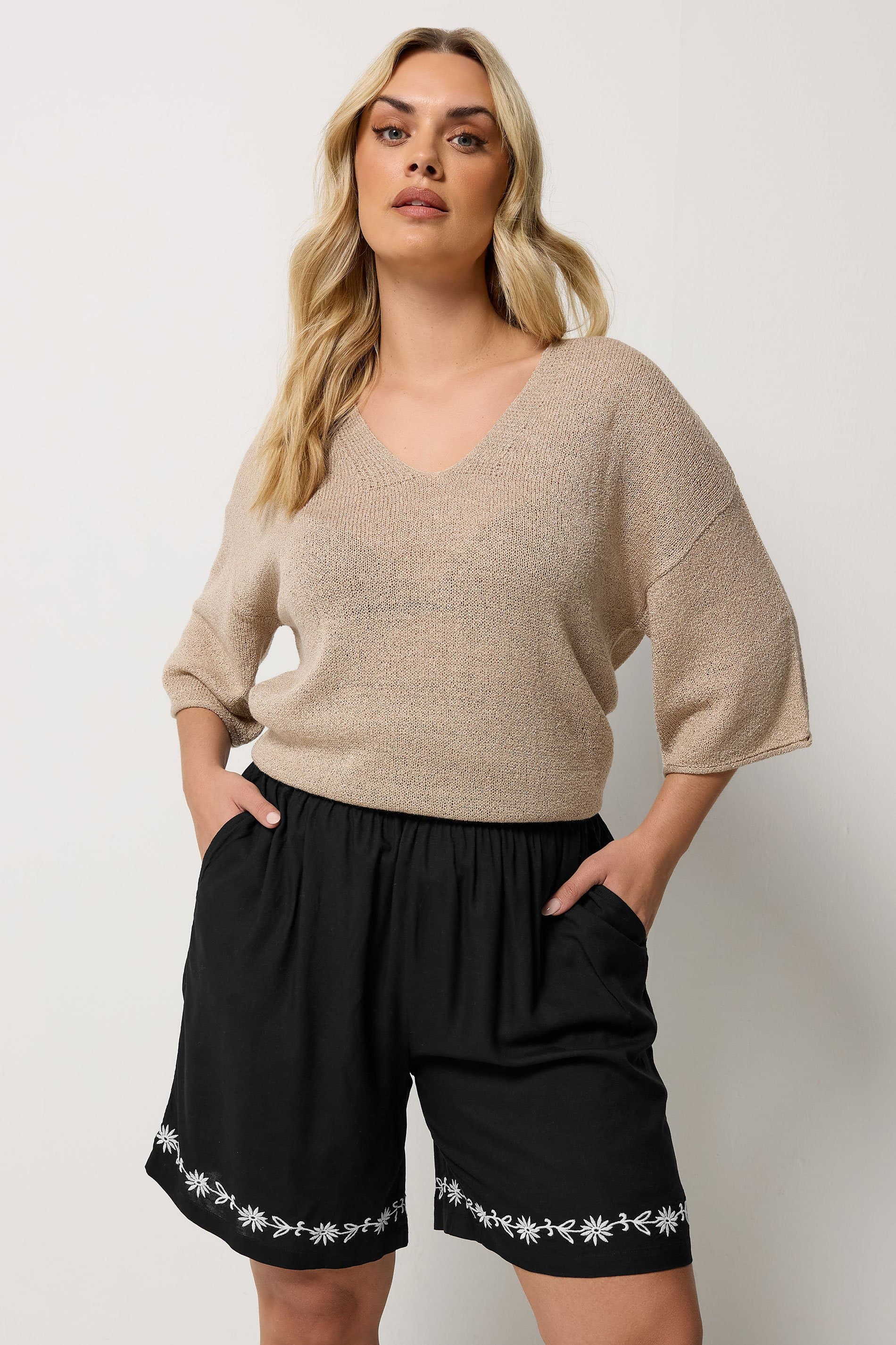 Yours Plus Size Black Floral Embroidered Hem Shorts