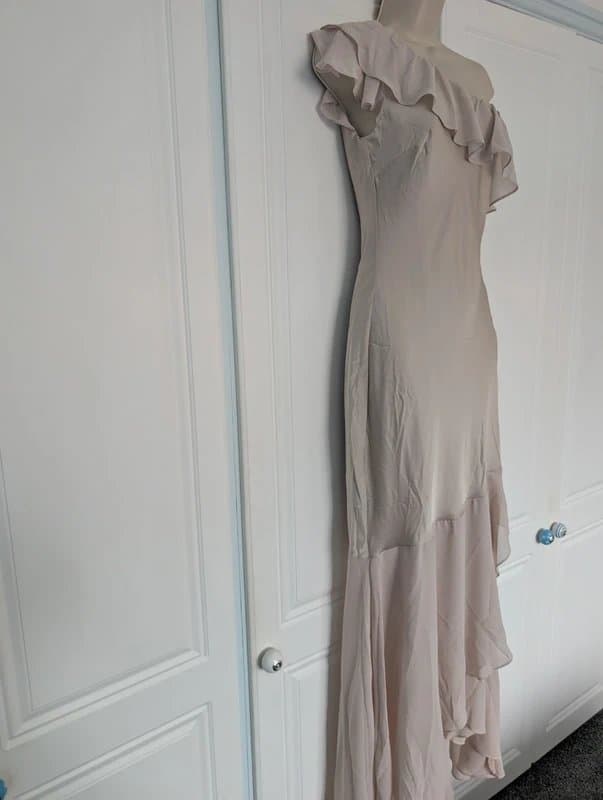 ASOS TFNC bridesmaid satin one shoulder ruffle maxi dress in champagne size 14