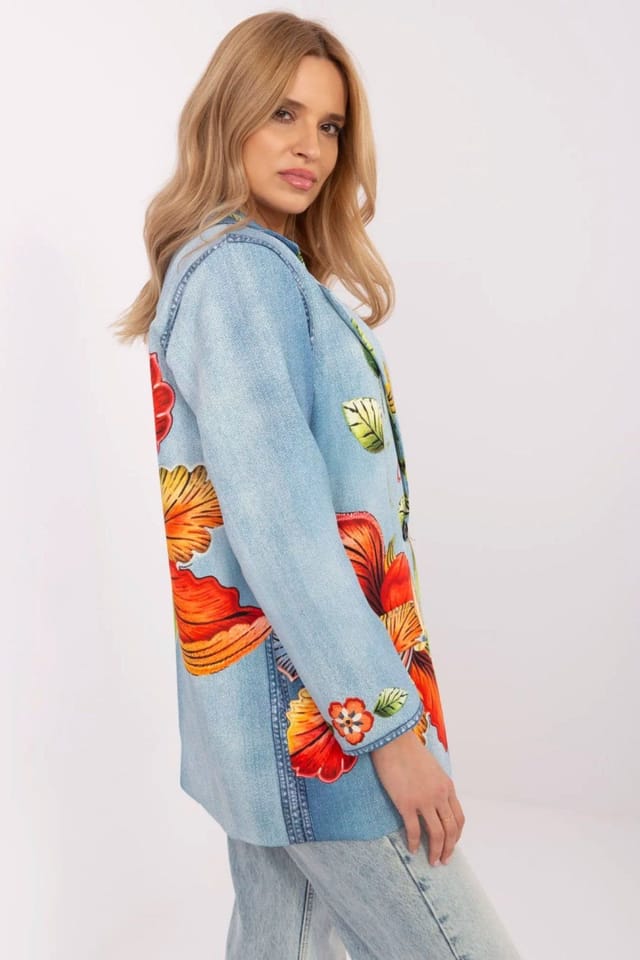 Love Lace Love Lace Women's Floral Denim Look Blazer Spring Summer in Blue - 2