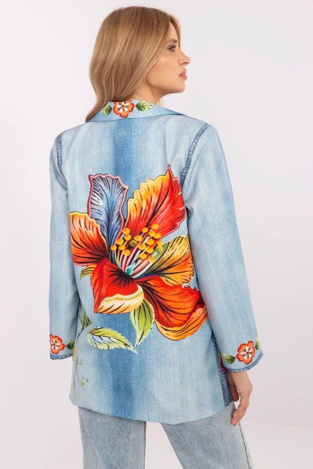 Love Lace Love Lace Women's Floral Denim Look Blazer Spring Summer in Blue - 3