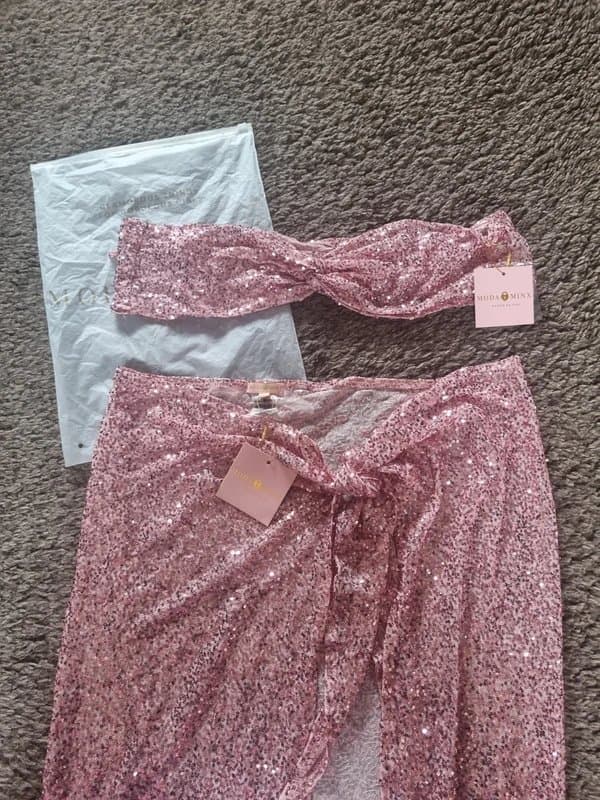 Moda Minx Moda Minx pink sequin sarong with matching bandeau top size S/M