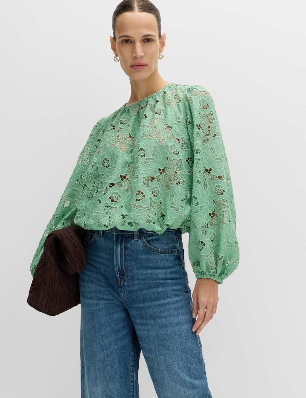 Marks & Spencer M&S Lace Cutwork Detail Blouse Grass