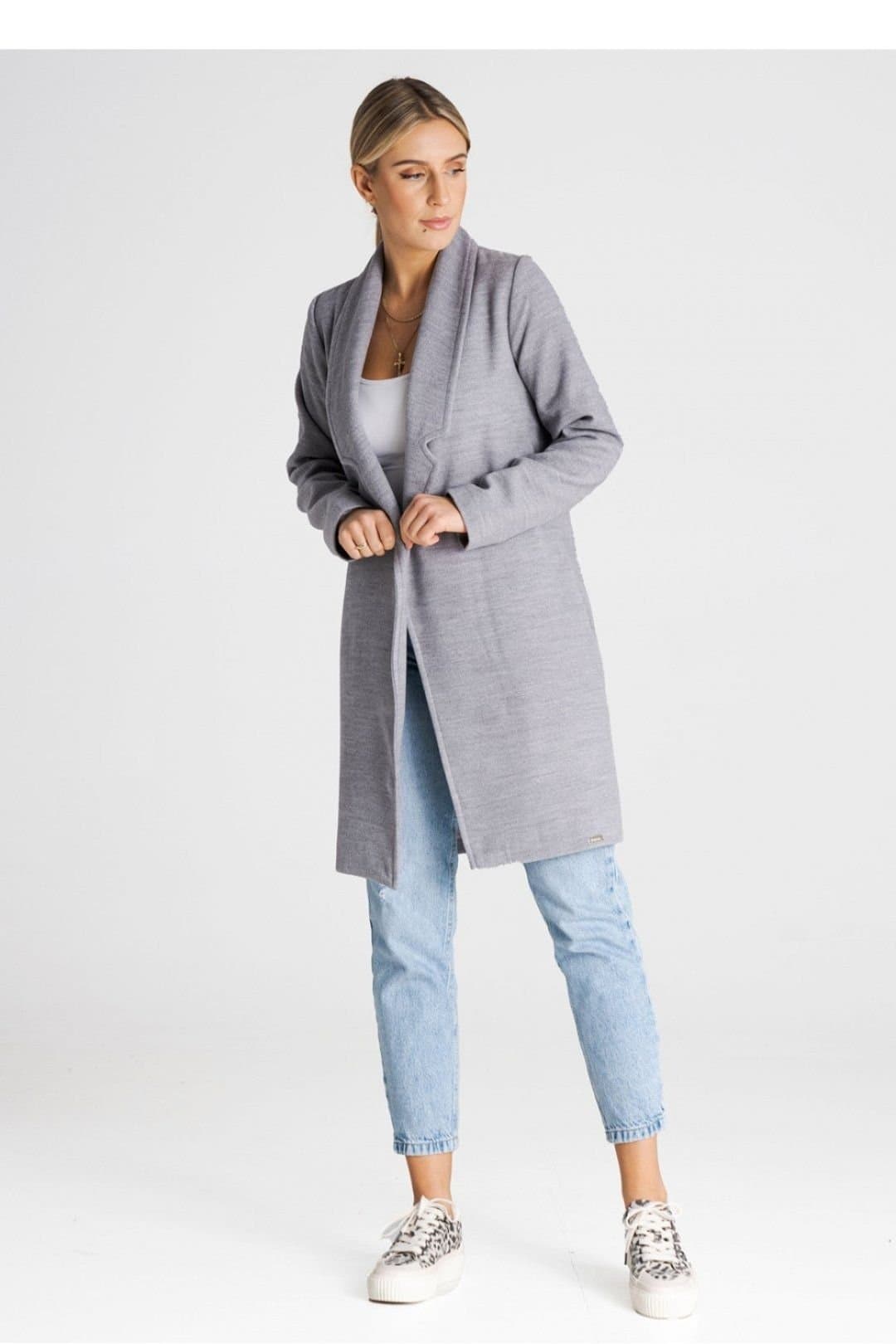 Love Lace Love Lace Women's Unbuttoned Belted Trench Coat with Lined Collar in Grey