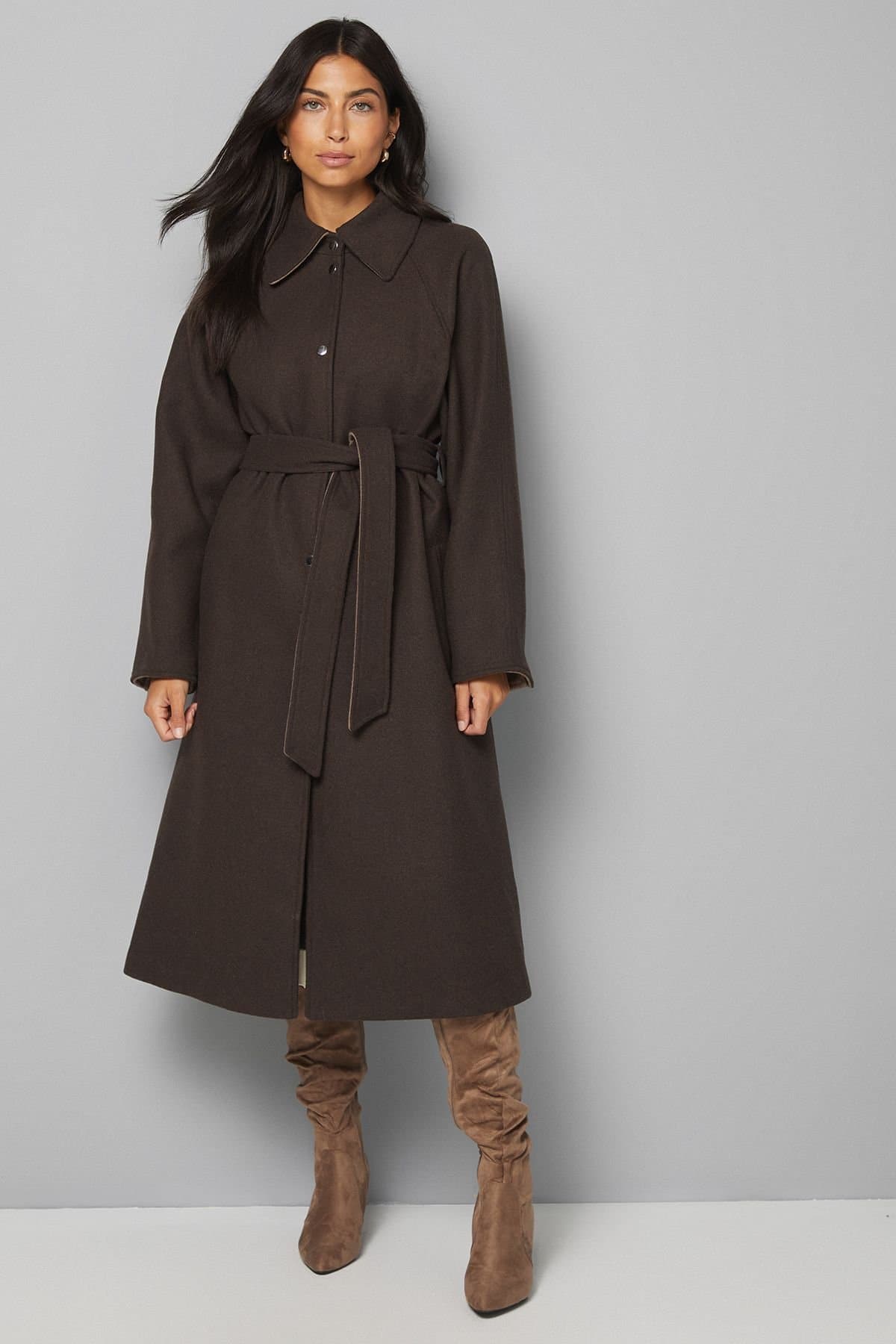 Wallis Wallis Women's Wool Blend Belted Longline Coat in Chocolate