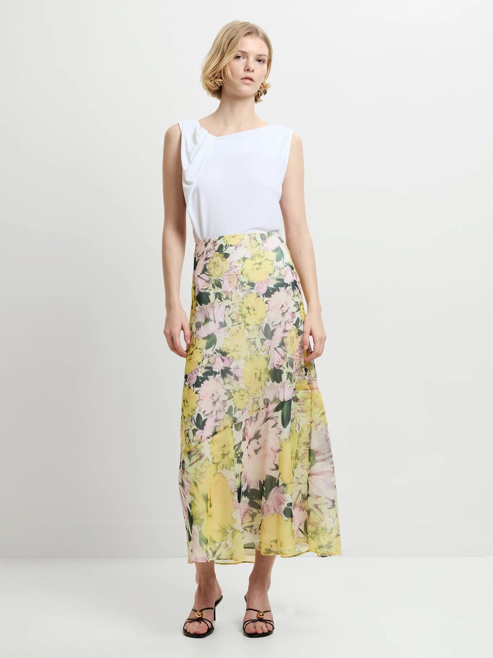 French Connection Carla Chiffon Floral Midi Skirt Yellow Multicoloured Floral Print