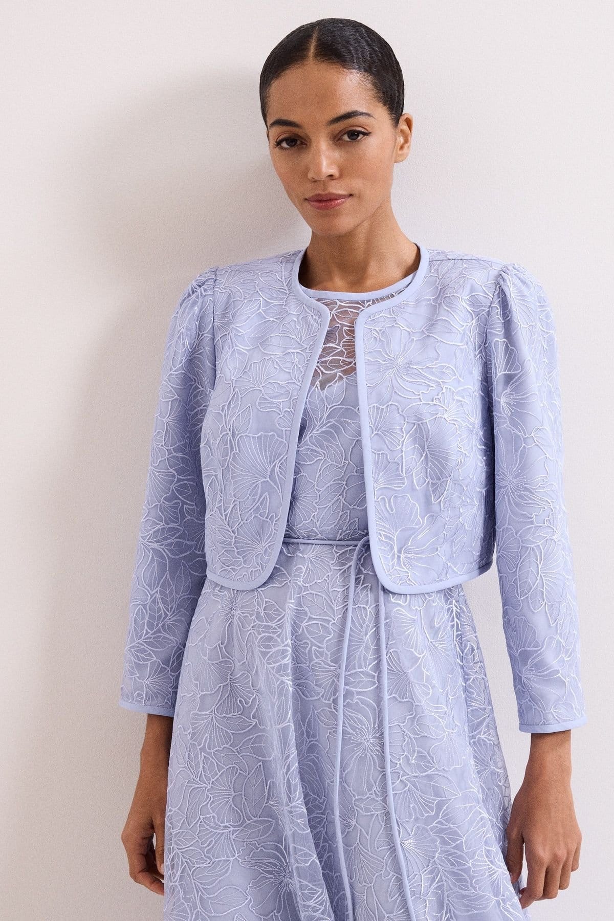Phase Eight Pale Blue Floral Embroidered Cropped Jacket