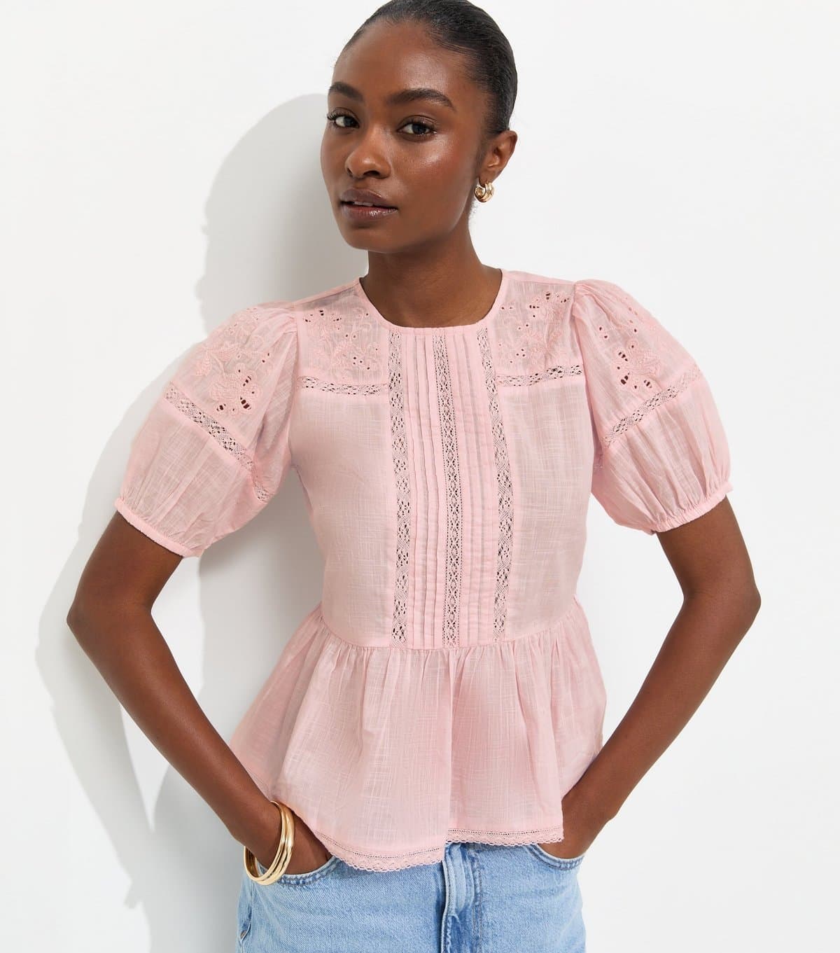 New Look Women's Light Pink Cotton Lace Trim Puff Sleeve Blouse New Look
