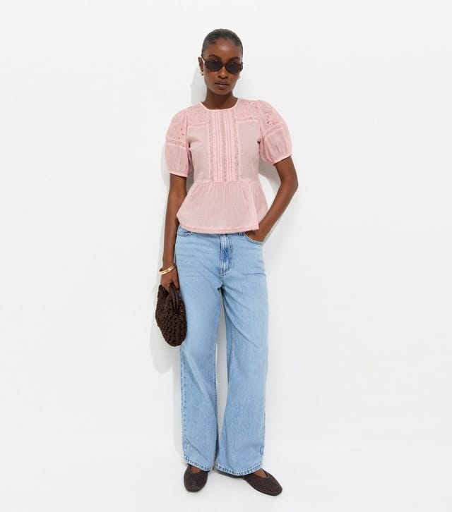 New Look Women's Light Pink Cotton Lace Trim Puff Sleeve Blouse New Look - 3