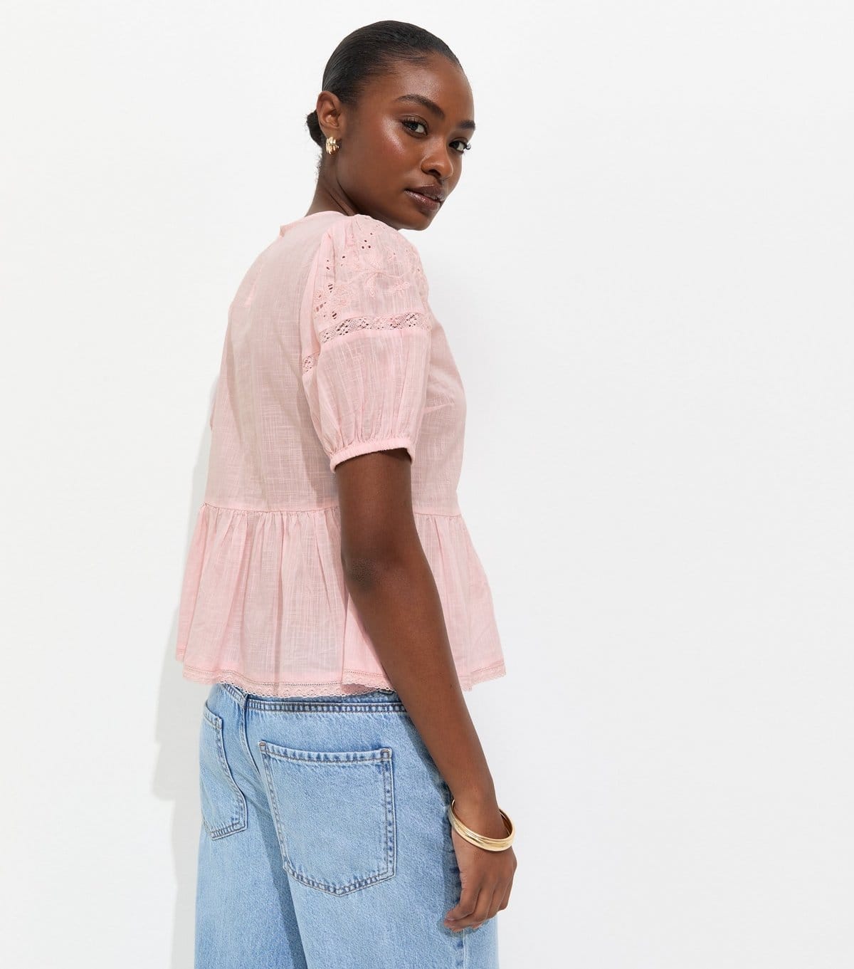 New Look Women's Light Pink Cotton Lace Trim Puff Sleeve Blouse New Look - 4