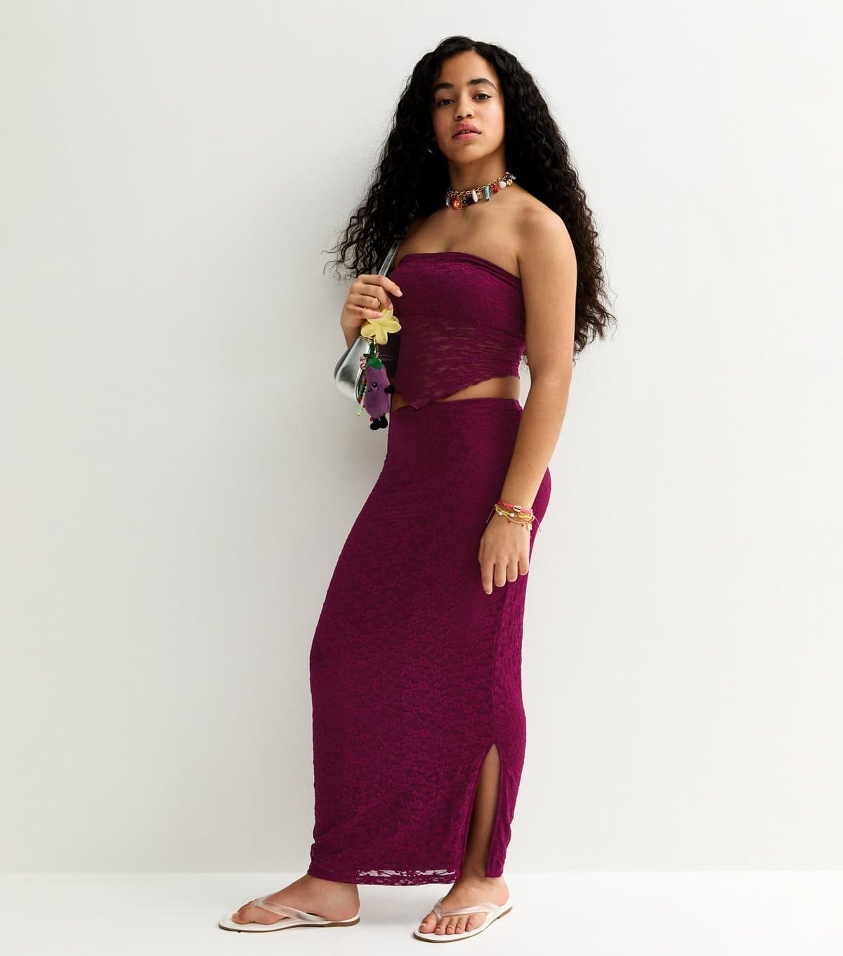 New Look Girls' Dark Pink Maxi Lace Fitted Skirt New Look