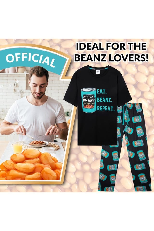 Heinz Heinz Men's Pyjama Set PJ T-Shirt Long Bottoms Loungewear Sleepwear Nightwear in Black - 2