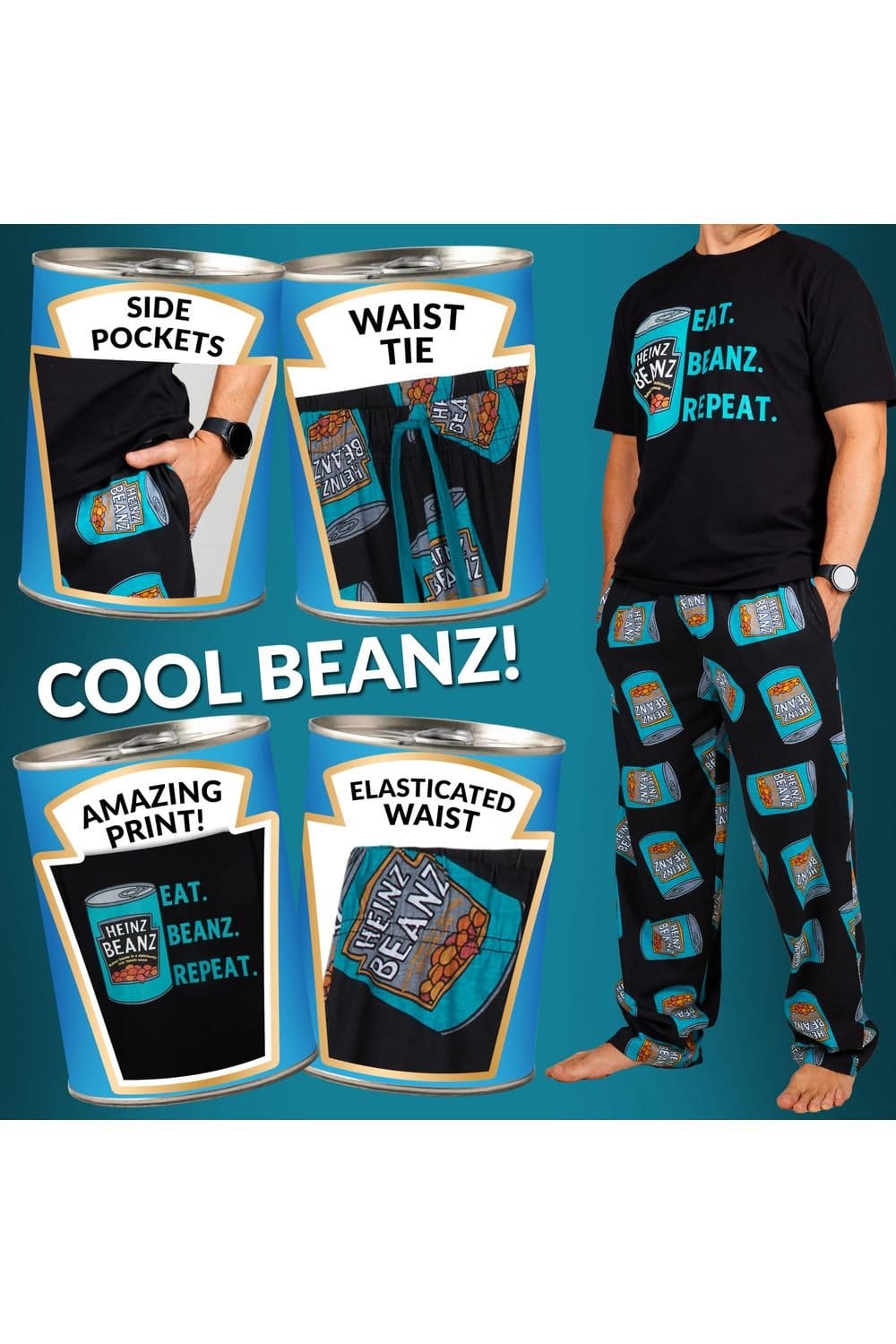 Heinz Heinz Men's Pyjama Set PJ T-Shirt Long Bottoms Loungewear Sleepwear Nightwear in Black - 4