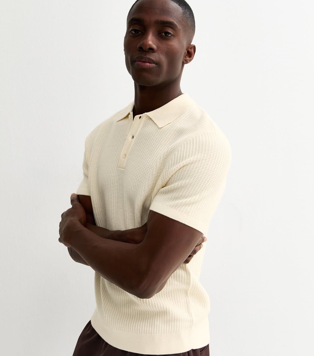 New Look Men's Off White Waffle Knit Regular Polo Top New Look