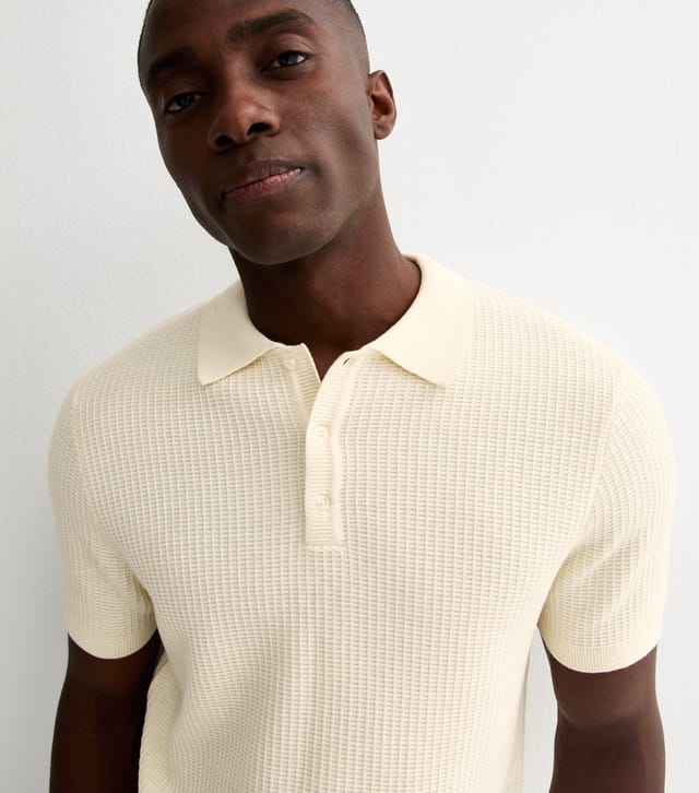 New Look Men's Off White Waffle Knit Regular Polo Top New Look - 2