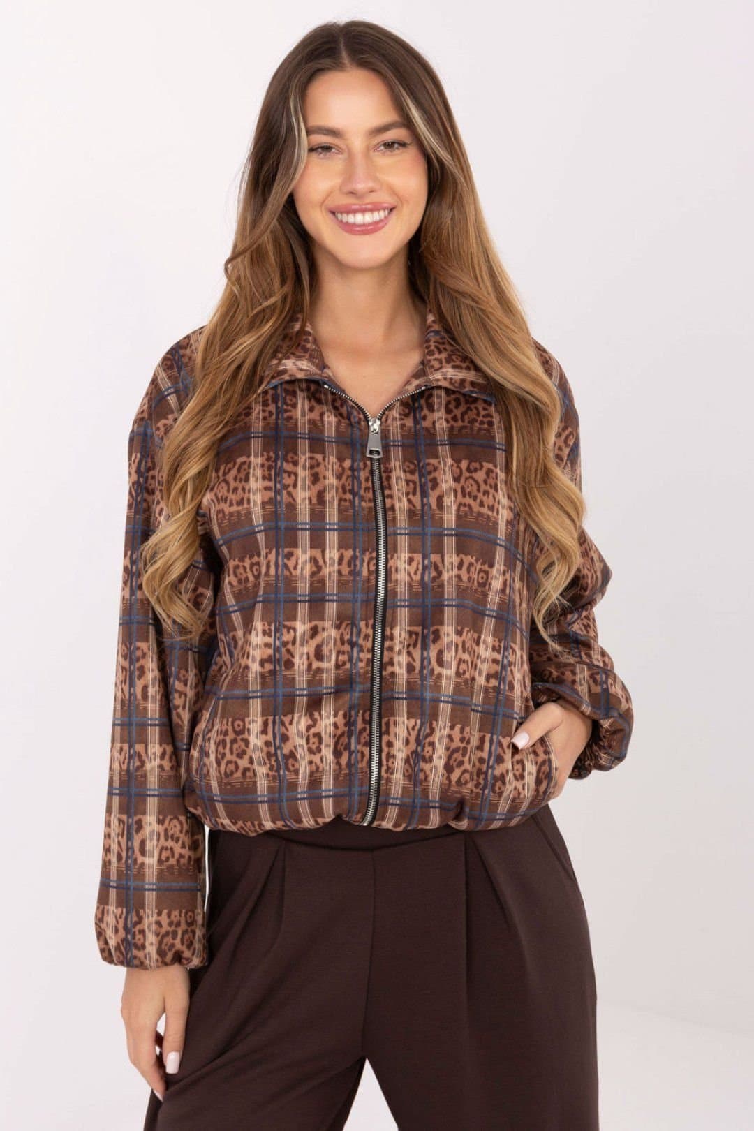 Love Lace Love Lace Women's Animal Print & Check Zip Jacket in Brown