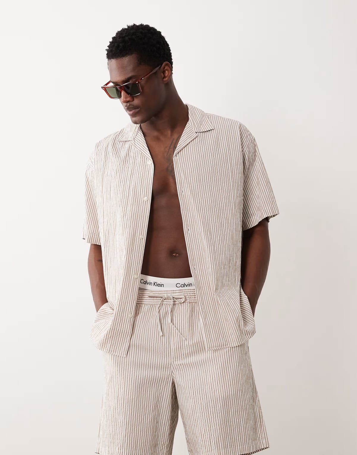ASOS Jack & Jones revere collar seersucker co-ord shirt in beige - 1