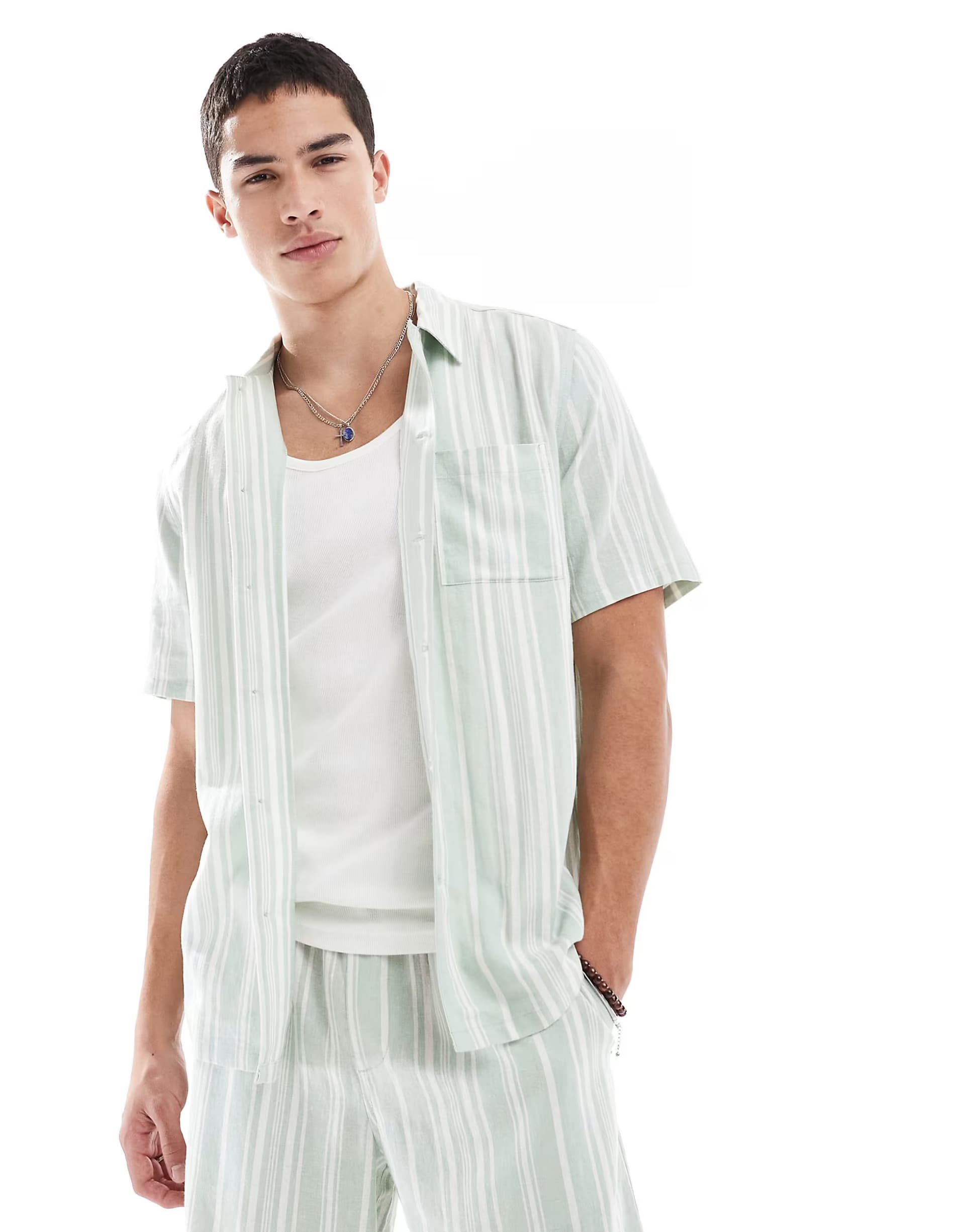 ASOS New Look linen look stripe shirt co-ord in green