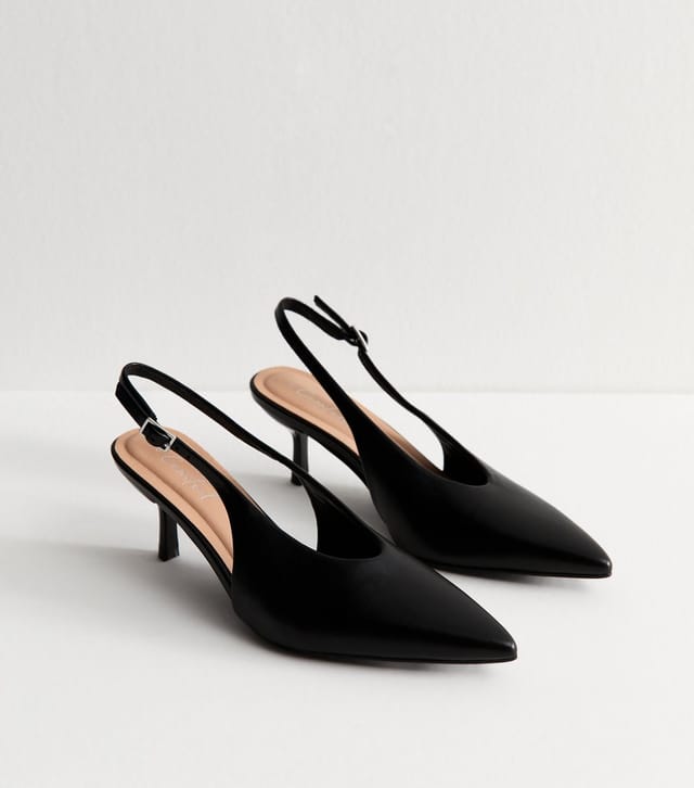 New Look Women's Black Faux Leather High Vamp Kitten Heel Slingback Pumps Vegan New Look - 2
