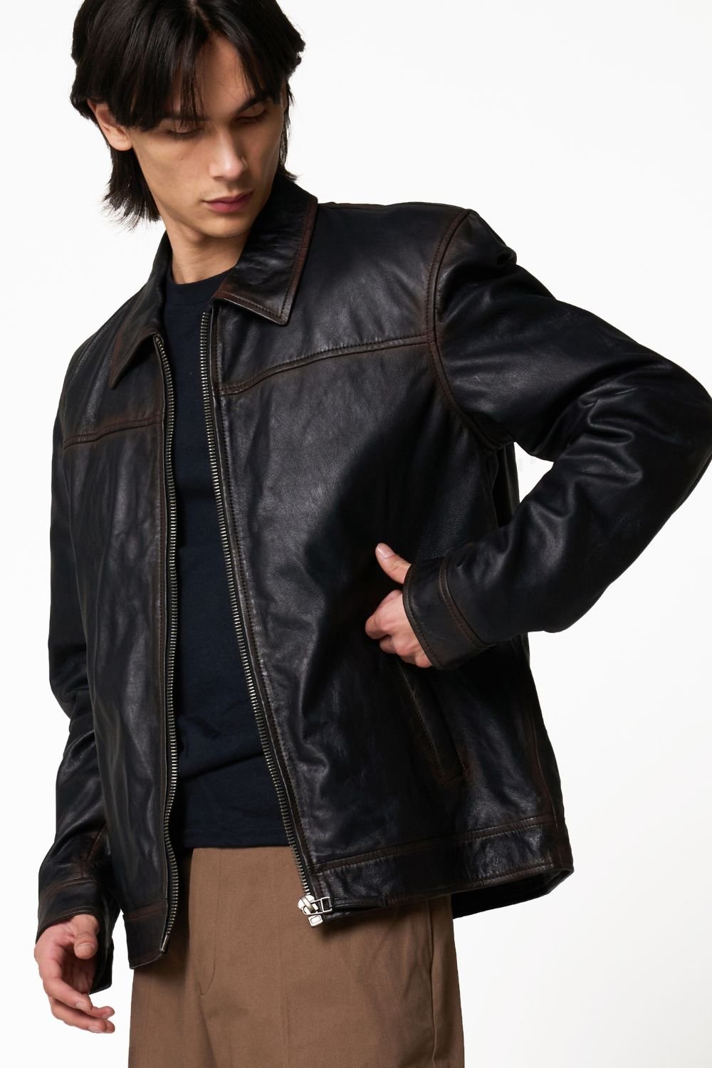 Barneys Originals Barneys Originals Men's Real Washed Leather Harrington Jacket in Black - 2