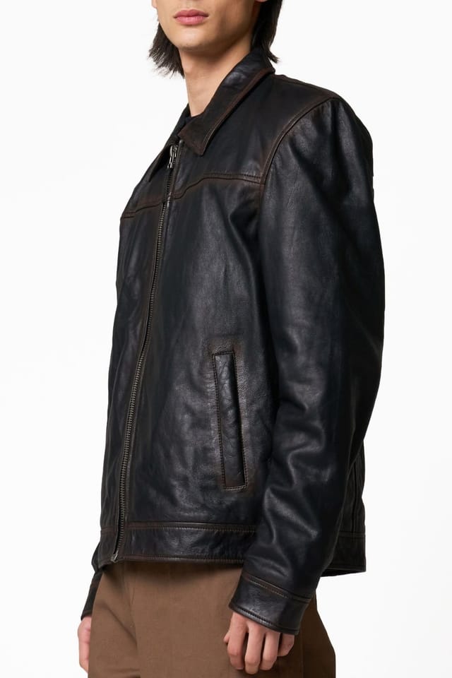 Barneys Originals Barneys Originals Men's Real Washed Leather Harrington Jacket in Black - 2