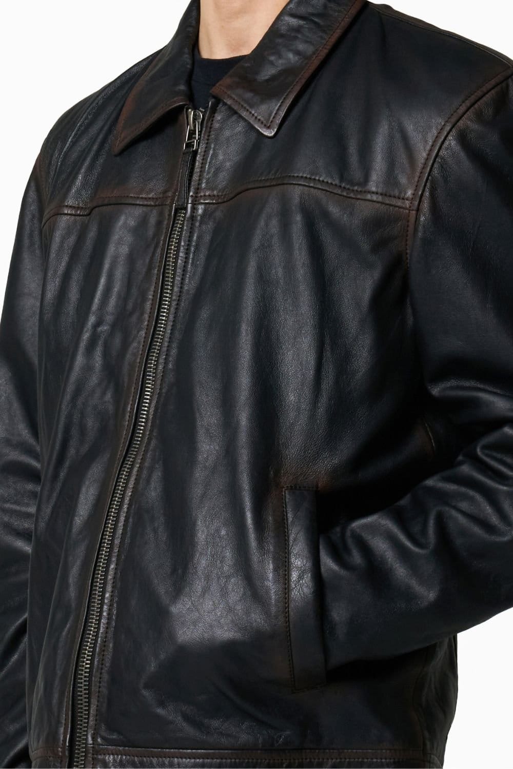 Barneys Originals Barneys Originals Men's Real Washed Leather Harrington Jacket in Black - 4