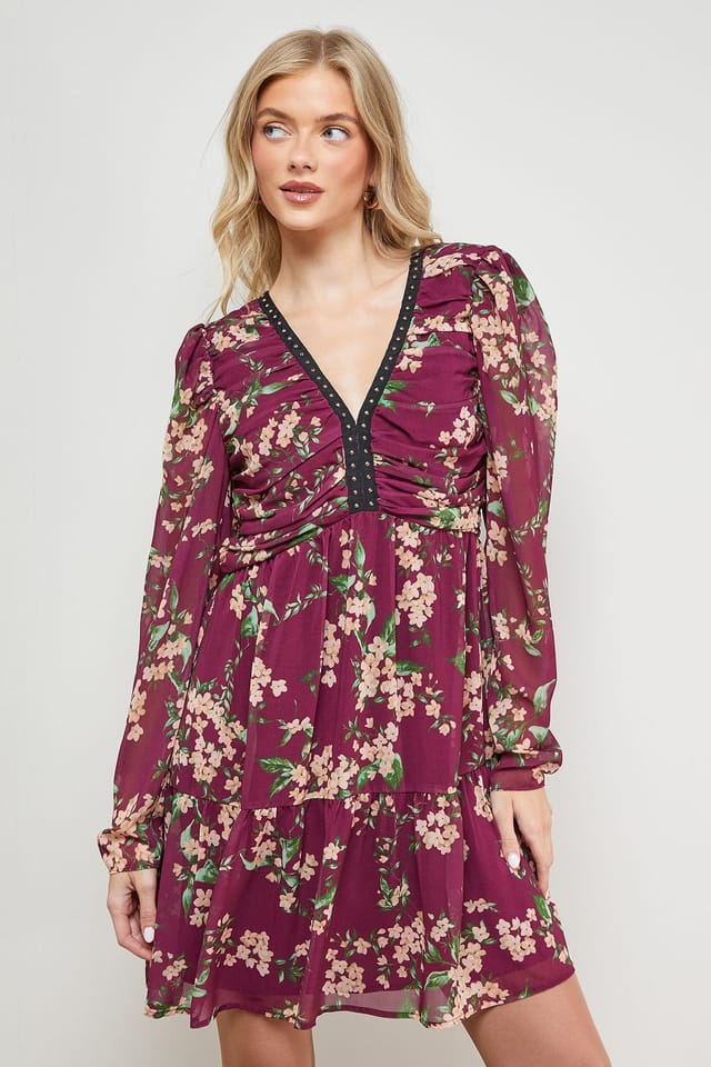 Oasis Oasis Women's Printed Statement Shoulder Ruched Body Mini Dress in Floral - 2