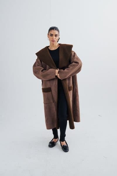 Urban Studio Urban Studio Women's Relaxed Fit Suede Inside Fur Shearling Over coat in Brown